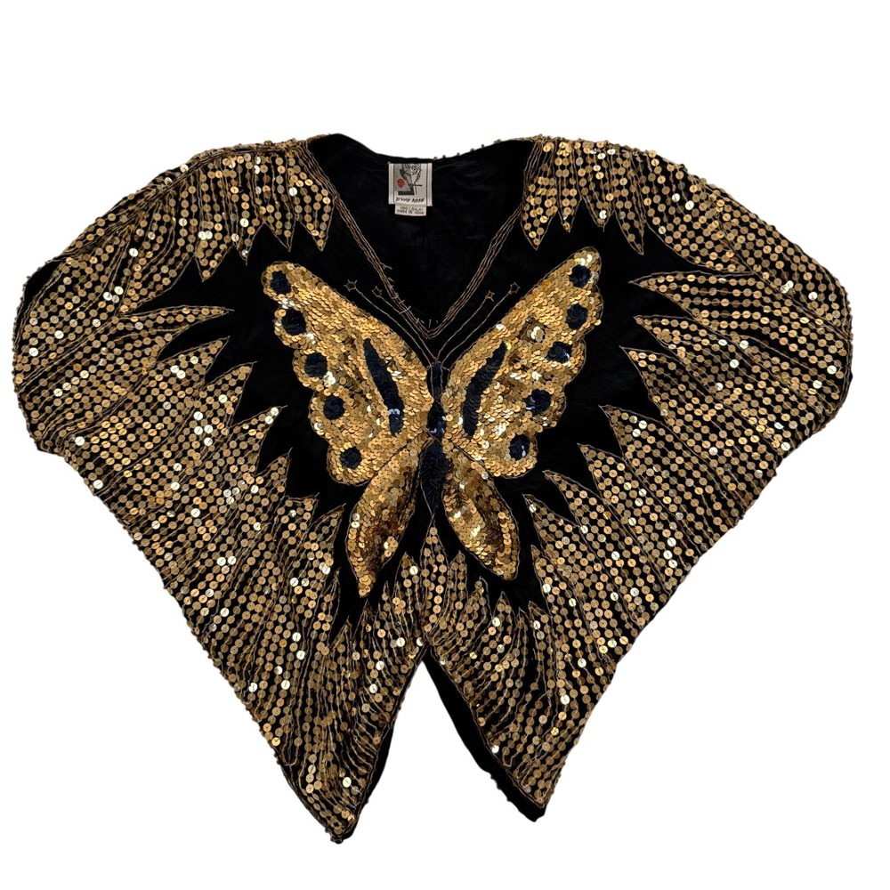 Vintage B'Way Rose Silk Gold Sequin Butterfly‎ Handkerchief Hem Evening Top OS